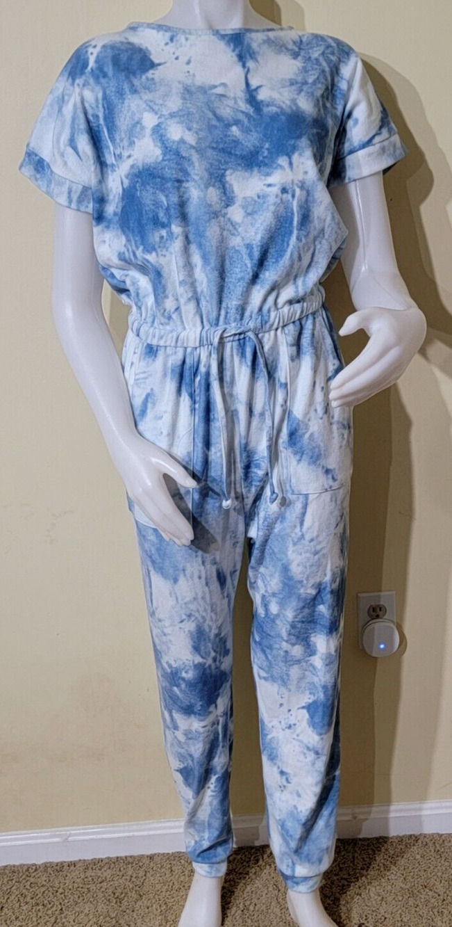 Women's Blue Tye Dye Jumpsuit Pockets Soft Medium